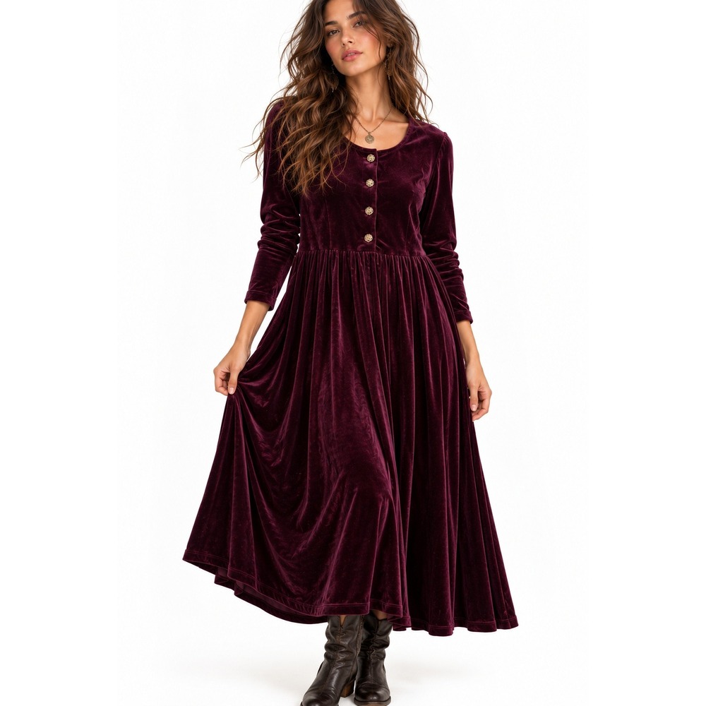 Vintage Burgundy Velvet Maxi Dress XL Button Tie Back Dark Cottagecore Witchy